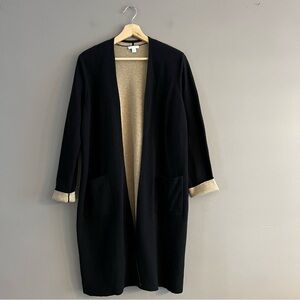 J Jill Women’s Black Tan Medium Open Front Long Cardigan Duster Sweater Pockets